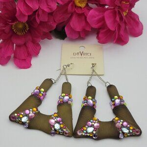 Da Vinci Earrings Art Deco Statement 2.5" Green Multicolor Rhinestone Triangle